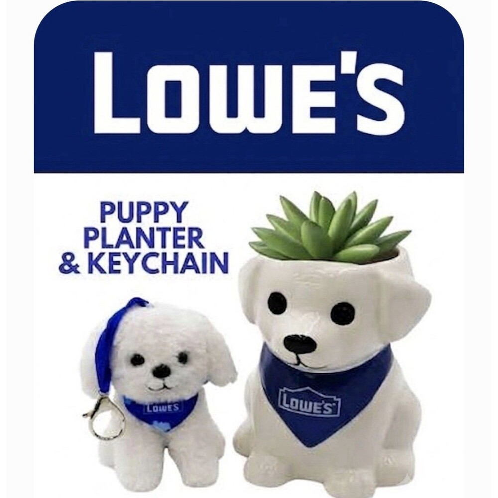 NEW Lowe’s Mini White Dog Ceramic Succulent Planter + Plush Keychain